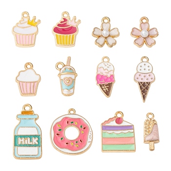 12 Style Alloy Enamel Pendants, Cupcake & Cake & Ice-cream & Milkshake & Bottle & Doughnut & Sakura Flower, Light Gold, Mixed Color, 20pcs/bag