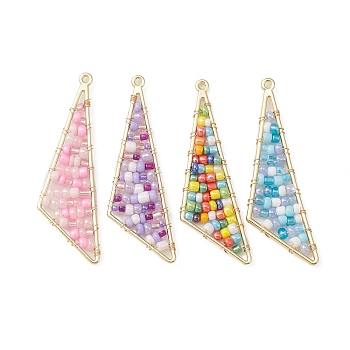 Golden Alloy Big Pendants, with Glass Seed Beaded, Triangle Charms, Mixed Color, 57x17x3.5mm, Hole: 1.7mm