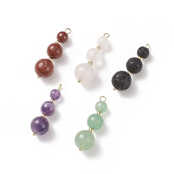 Natural Mixed Gemstone Pendants, with Golden Tone Brass Findings, Round Charm, Undyed, 35x6~10.5mm, Hole: 2mm
