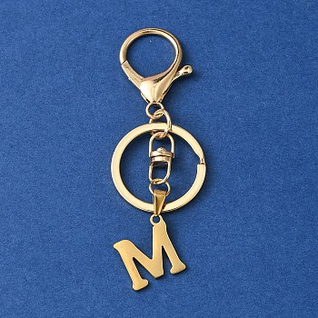 304 Stainless Steel Initial Letter Charm Keychains, with Alloy Clasp, Golden, Letter M, 8.5cm