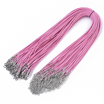 Waxed Cotton Cord Necklace Making, with Alloy Lobster Claw Clasps and Iron End Chains, Platinum, Hot Pink, 17.4 inch(44cm), 1.5mm