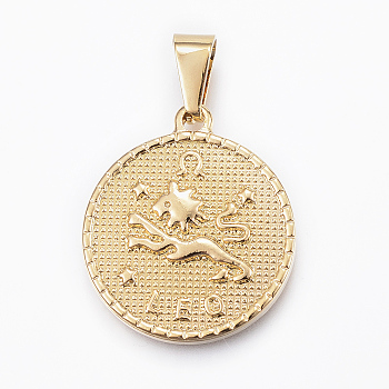 Real 18K Gold Plated 304 Stainless Steel Pendants, Flat Round with Twelve Constellation/Zodiac Sign, Leo, 29x25x3.2mm, Hole: 9x4.5mm
