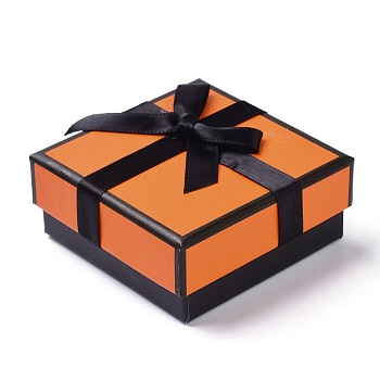 Paper Jewelry Set Box, with Black Sponge with Bowknot, for Necklaces and Earring, Square, Orange, 7.2x7.3x3.2cm