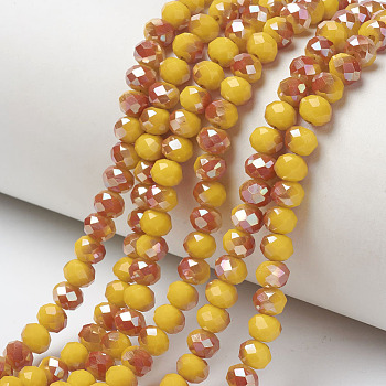 Electroplate Opaque Solid Color Glass Beads Strands, Half Plated, Rainbow Plated, Faceted, Rondelle, Gold, 4x3mm, Hole: 0.4mm, about 123~127pcs/strand, 16.5~16.9 inch(42~43cm)