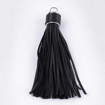 PU Leather Tassel Big Pendants Decorations, with Alloy Findings, Platinum, Black, 111~114x16~17mm, Hole: 6mm