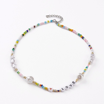 Glass Seed Beaded Necklaces, with ABS Plastic Imitation Pearl Beads, Acrylic Heart Beads and Platinum Plated Alloy Lobster Claw Clasps, Colorful, 16.53 inch(42cm)
