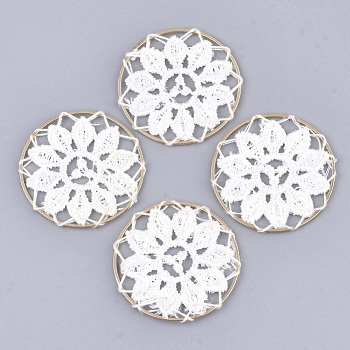 Polycotton(Polyester Cotton) Woven Pendant Decorations, with Brass Findings, Flat Round with Flower, Light Gold, White, 35x1mm
