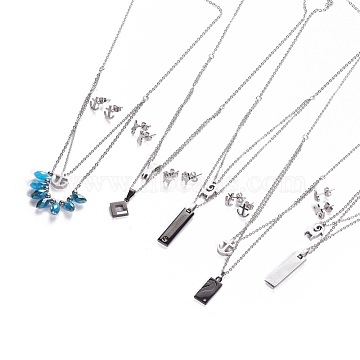 304 Stainless Steel Jewelry Sets, Pendant Tiered Necklaces and Stud Earrings, with Glass Beads & Shell, Mixed Shapes, Stainless Steel Color, 17.12 inch(43.5cm), 10~10.5x5.5~9x1~1.5mm, pin: 0.9mm(SJEW-L197-04P)