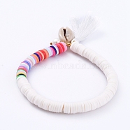 Stretch Charm Bracelets, with Polymer Clay Heishi Beads, Cotton Thread Tassels, Cowrie Shell Beads, Glass Pearl Beads and Brass Beads, White, 2-1/4 inch(5.8cm)(BJEW-JB05083-05)