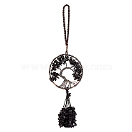 Wire Wrapped Chips Natural Obsidian Big Pendant Decorations, with Red Copper Plated Brass Wires and Nylon Cord, Flat Round with Tree of Life, 160~180mm(HJEW-SZ0001-26B)