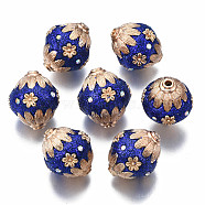 Handmade Indonesia Beads, with Polymer Clay, Rhinestone and Metal Findings, Oval with Flower, Golden, Medium Blue, 20~22x18~19mm, Hole: 2mm(CLAY-F003-A07)
