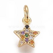 Brass Micro Pave Cubic Zirconia Charms, Star, Colorful, Golden, 8.5x7x2mm, Hole: 3mm(ZIRC-E145-78G)