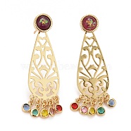 Rack Plating Brass Filigree Teardrop Dangle Stud Earrings, Colorful Glass Drop Earrings for Women, Cadmium Free & Lead Free & Nickle Free, Real 18K Gold Plated, 42x13mm, Pin: 0.7mm(EJEW-I265-01G)