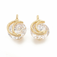 Cubic Zirconia Charms, with Brass Findings, Moon, Clear, Nickel Free, Real 18K Gold Plated, 11x8x6mm, Hole: 1mm(KK-S345-130)