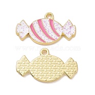 Christmas Theme Rack Plating Alloy Enamel Pendants, with Glitter Powder, Light Gold Tone Candy Charms, Hot Pink, 14x24x1.5mm, Hole: 1.6mm(PALLOY-O109-32LG)
