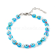 Evil Eye Handmade Lampwork Beaded Anklets for Women, Acrylic & ABS Plastic Beads Anklets, Deep Sky Blue, 9-5/8 inch(24.5cm)(AJEW-AN00477)