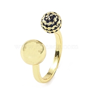 Cubic Zirconia Round with Flower Open Cuff Ring, Rack Plating Real 18K Gold Plated Brass Ring, Long-Lasting Plated, Black, Inner Diameter: 18mm(RJEW-H218-01G-02)