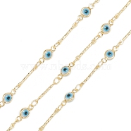 Handmade Brass Bar Link Chains, with Glass Charms and Spool, Soldered, Long-Lasting Plated, Evil Eye, Golden, Blue, 12.5x2x1mm, 32.8 Feet(10m)/roll(CHC-K011-15G)