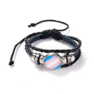PU Leather Braided Cord Multi-strand Bracelet, Flat Round with Stripe Pattern Alloy Links and Beads Bracelet for Men Women, Platinum, Pink, Inner Diameter: 2-1/4~ 3-1/4 inch(5.8~8.2cm)(BJEW-F427-01C)