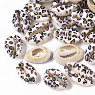 Printed Natural Cowrie Shell Beads, No Hole/Undrilled, with Leopard Print Pattern, White, 18~21x12~15x7mm(SSHEL-R047-01-B02)