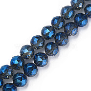 Electroplate Transparent Glass Beads Strands, Half Plated, Faceted, Round, Medium Blue, 12x11mm, Hole: 1.2mm, about 50pcs/strand, 22.05 inch(56cm)(EGLA-N002-34A-G03)