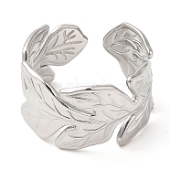 304 Stainless Steel Open Cuff Rings, Leaf, Stainless Steel Color, US Size 6 3/4(17.1mm)(RJEW-K245-77P)