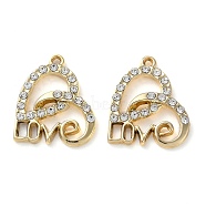 Alloy Rhinestone Pendants, Heart with Love Charms, Golden, 18.5x15x3mm, Hole: 1.2mm(PALLOY-P297-03G)