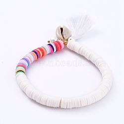 Stretch Charm Bracelets, with Polymer Clay Heishi Beads, Cotton Thread Tassels, Cowrie Shell Beads, Glass Pearl Beads and Brass Beads, White, 2-1/4 inch(5.8cm)(BJEW-JB05083-05)