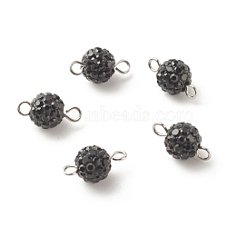Polymer Clay Rhinestone Connector Charms, with 304 Stainless Steel Loops, Round, Jet, 14.5x8mm, Hole: 2mm(PALLOY-JF01361-01)