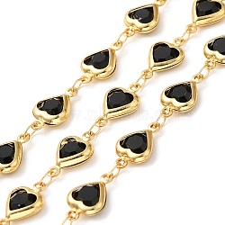 Heart Handmade Brass Glass Link Chains, Real 18K Gold Plated, Soldered, with Spool, Cadmium Free & Lead Free, Black, 12.5x7.5x2.5mm(CHC-M024-04G-01)