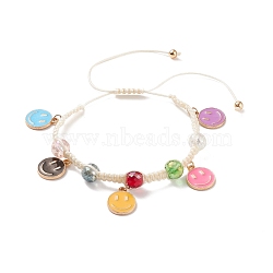 Round Glass Braided Bead Bracelet with Alloy Enamel Smiling Face Charm for Women, Colorful, Inner Diameter: 1-3/4~3-7/8 inch(4.6~9.85cm)(BJEW-JB08233-04)