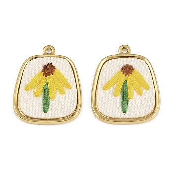 304 Stainless Steel & Embroidered Pendants, Trapezoid with Flower Charms, Yellow, Ion Plating(IP), Long-Lasting Plated, Real 18K Gold Plated, 27x22x3.5mm, Hole: 1.6mm