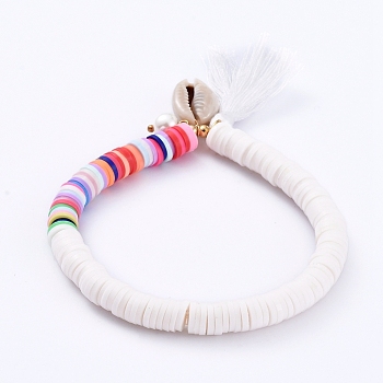 Stretch Charm Bracelets, with Polymer Clay Heishi Beads, Cotton Thread Tassels, Cowrie Shell Beads, Glass Pearl Beads and Brass Beads, White, 2-1/4 inch(5.8cm)