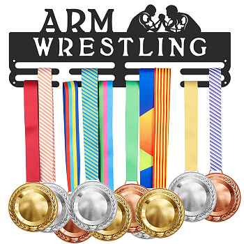 Iron Medal Holder Frame, Medals Display Hanger Rack, 2 Lines, with Screws, Rectangle with Word Arm Wrestling, Sports Themed Pattern, 150x400mm