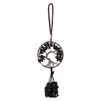 Wire Wrapped Chips Natural Obsidian Big Pendant Decorations, with Red Copper Plated Brass Wires and Nylon Cord, Flat Round with Tree of Life, 160~180mm