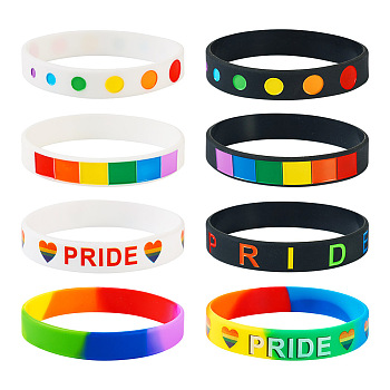 20Pcs 8 Style Rainbow Color Pride Silicone Heart Cord Bracelets Set for Men Women, Mixed Color, Inner Diameter: 2-3/8 inch(6~6.15cm)