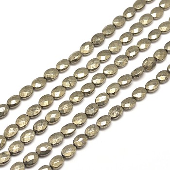Faceted Oval Natural Pyrite Beads Strands, 8x6x4mm, Hole: 1mm, about 50pcs/strand, 15.7 inch