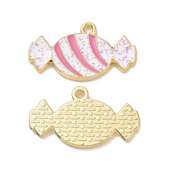 Christmas Theme Rack Plating Alloy Enamel Pendants, with Glitter Powder, Light Gold Tone Candy Charms, Hot Pink, 14x24x1.5mm, Hole: 1.6mm