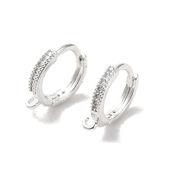 Brass Hoop Earring Findings, with Cubic Zirconia, Silver, 14x2mm, Hole: 1.2mm, Pin: 0.8mm