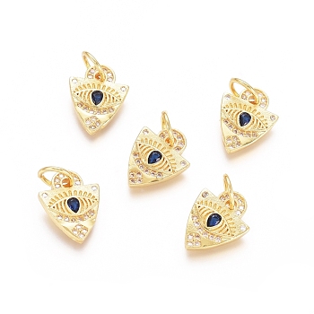Brass Micro Pave Cubic Zirconia Charms, with Jump Rings, Triangle and Eye, Clear & Dark Blue, Golden, 13x10x2mm, Hole: 4.4mm