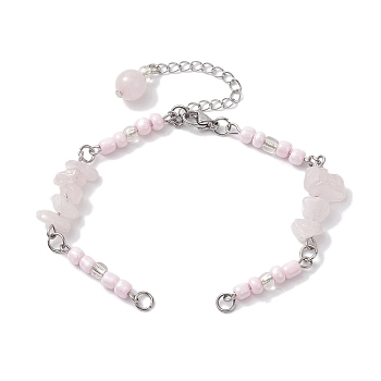 Handmade Seed Beads with Natural Rose Quartz Bracelet Making, with 304 Stainless Steel Ends Chains, 7 inch(17.9cm)