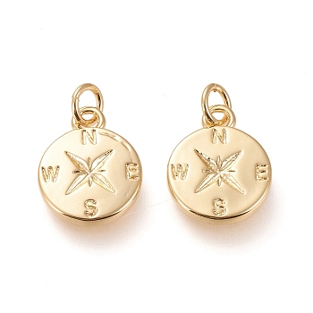 Brass Charms, with Jump Rings, Long-Lasting Plated, Compass, Real 18K Gold Plated, 15.2x12x2mm, Jump Rings: 5x1mm, Inner Diameter: 3mm