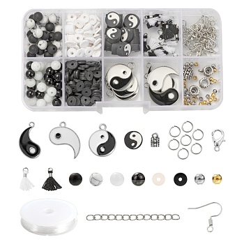 DIY YinYang Theme Jewelry Making Kits, 375Pcs Geometry Gemstone & Polymer Clay Beads, Alloy & Polycotton(Polyester Cotton) Pendants, Iron & Zinc Alloy Findings and Elastic Crystal Thread, Mixed Color, Beads: 375pcs/box