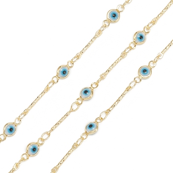 Handmade Brass Bar Link Chains, with Glass Charms and Spool, Soldered, Long-Lasting Plated, Evil Eye, Golden, Blue, 12.5x2x1mm, 32.8 Feet(10m)/roll