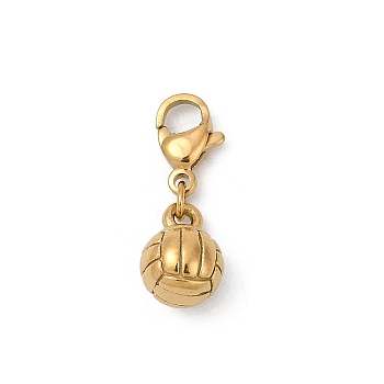 304 Stainless Steel Pendant Decorations, Ion Plating(IP), Real 18K Gold Plated, with Lobster Claw Clasp, Volleyball, 21mm