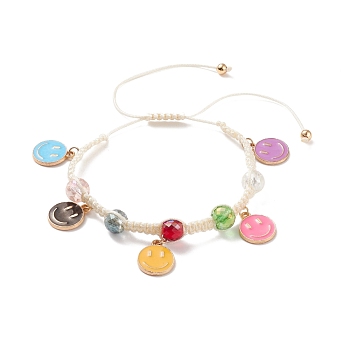 Round Glass Braided Bead Bracelet with Alloy Enamel Smiling Face Charm for Women, Colorful, Inner Diameter: 1-3/4~3-7/8 inch(4.6~9.85cm)