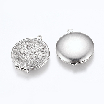 304 Stainless Steel Locket Pendants, Photo Frame Charms for Necklaces, Flat Round with Flower Pattern, Stainless Steel Color, 32x27x6mm, Hole: 1.5mm, inner size: 18.5mm