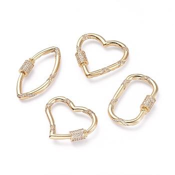 Brass Micro Pave Cubic Zirconia Screw Carabiner Lock Charms, for Necklaces Making, Mixed Shapes, Clear, Golden, 26~40x20~31x3mm