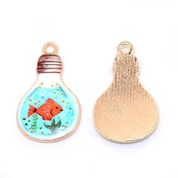 Japanese Style Print Alloy Enamel Pendants, Bulb with Fish, Cadmium Free & Lead Free, Golden, Turquoise, 28x16.5x2mm, Hole: 2mm