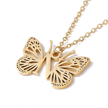 Initial Letter with Butterfly Pendant Necklace, Golden 304 Stainless Steel Jewelry for Women, Letter.N, Pendant: 18x27x1mm, 15.55 inch(39.5cm)
